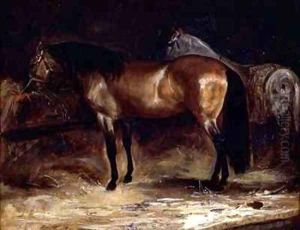 A Bay Horse at a manger with a grey horse in a rug
