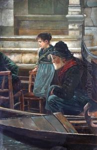 An Old Fisherman And Young Girl At A Watersedge By Gondolas, Venice by Henry Woods