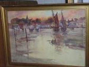 Harbour Town At Sunset, With Boats Moored by Henry Woods
