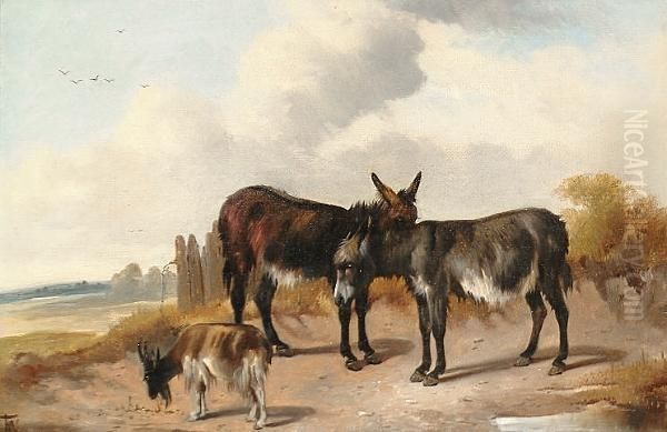 Donkeys And A Goat In A Landscape - view 1