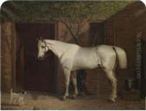 A Grey Hunter Outside The Stables With Two Dogs by Thomas Woodward