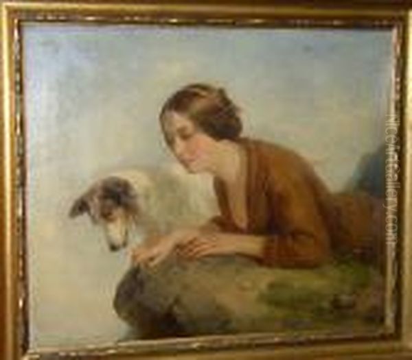 Girl And Dog Looking Over An Outcrop, Signed With Initials And Dated 1852 - view 1