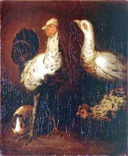 A cock two hens and a guinea pig - view 1