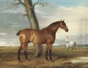A Chestnut And A Gray In An Extensive River Landscape A Chestnut And A Gray In An Extensive River Landscape
