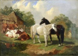 Cattle And Horses In A Stable Yard & Cattle Watering by Henry Charles Woollett