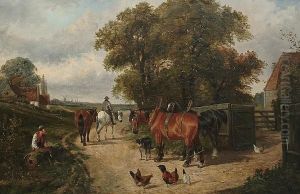Landscape With Figures And Carthorses Outside A Farmstead by Henry Charles Woollett