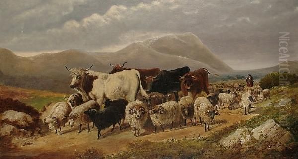 Cattle And Sheep Driven By A Figure In Highland Dress - view 1