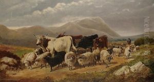Cattle And Sheep Driven By A Figure In Highland Dress by Henry Charles Woollett