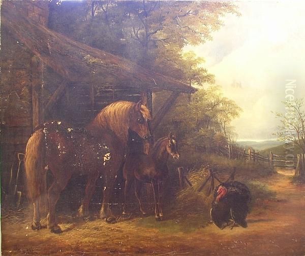 Horses And Turkey Before A Stable - view 1