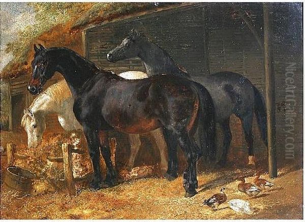 Horses Feeding Before A Stable - view 1