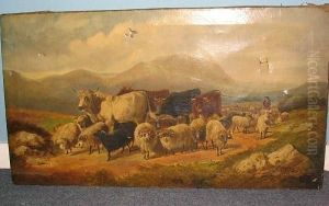 Cattle, Sheep And Farmers On A Highland Path, And Another, Farmer And Cattle On A Path by Henry Charles Woollett