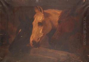 Head Study Of Three Horses At A Well; And A Companion by Henry Charles Woollett