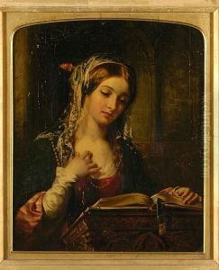 A Young Lady Reading At A Lectern by Alfred Woolmer