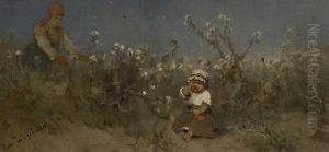 Frau Mit Kind In Einer Distelwiese by Josef Wopfner