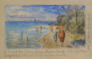 Badende Auf Der Fraueninsel by Josef Wopfner