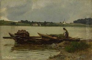 Bauerin Mit Heuboot Am Seeufer by Josef Wopfner
