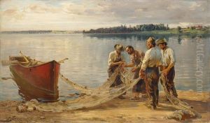 Fischer Mit Ihren Netzen Am Ufer Des Chiemsees