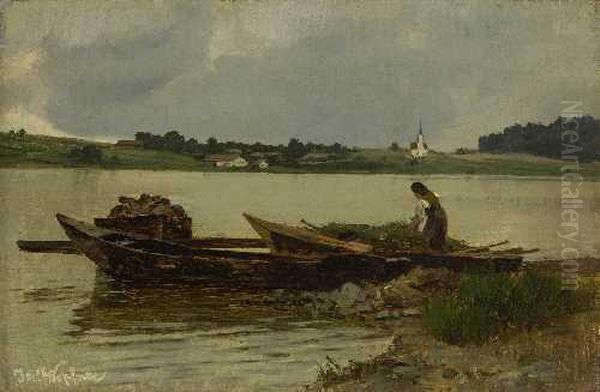 Bauerin Mit Heuboot Am Seeufer. - view 1
