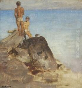 Badende Jungen Am Steg by Josef Wopfner