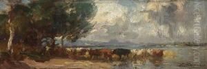 Kuhe Am Seeufer. by Josef Wopfner