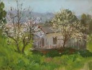 Two Blossoming Trees With An Old Shack