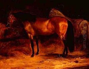 Light bay and grey horses in a stable