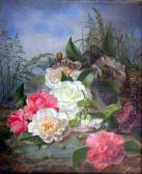 Still Life Of Camelias, Black Lace And Grasses Signed And Dated 1858 18.5 X 15.5in - view 1