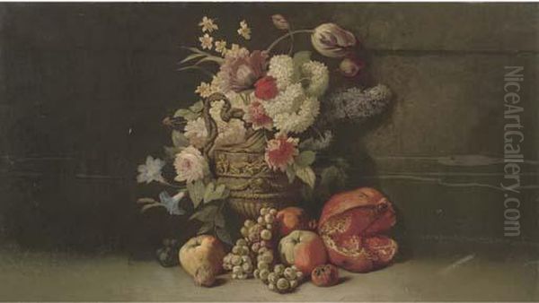 Summer Flowers In A Classical Jug, With Grapes, Apples And Apomegranite To The Side - view 1