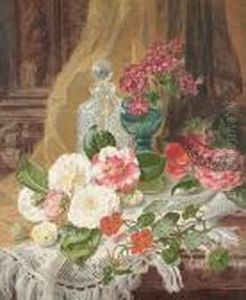 Still Life Of Flowers And A Glass Decanter, On A Table Draped With A White Shawl