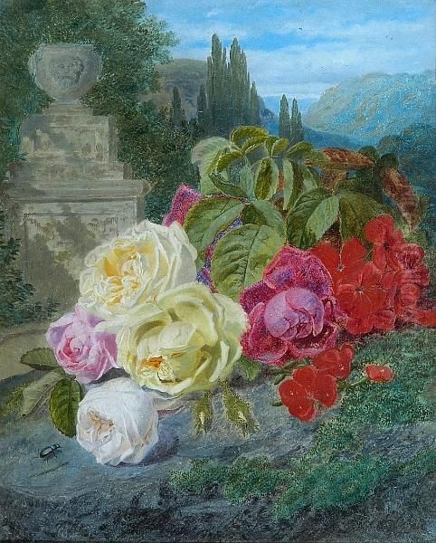 A Still Life Of Flowers Against A Landscape Background - view 1