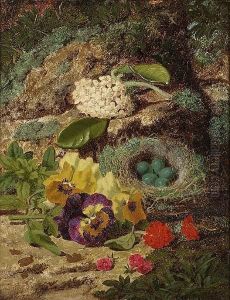 Still Life Of Bird's Nest And Flowers On A Mossy Bank
