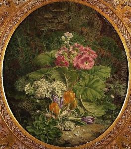 Still Life Of Crocuses And Other Flowers On A Mossy Bank