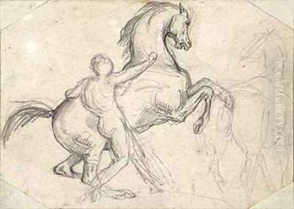 Rearing stallion held by a nude man - view 1