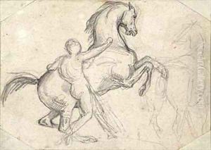 Rearing stallion held by a nude man by Theodore Gericault