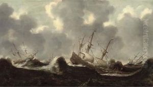 The Dutch Fleet At Sea In Treacherous Conditions by Claes Claesz. Wou