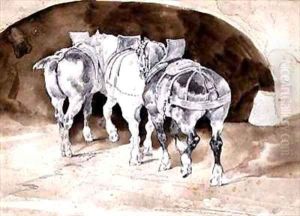 Three heavy horses in harness by Theodore Gericault