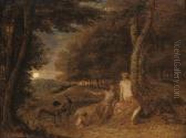 Venus And Adonis In A Wooded Landscape by Frans Wouters