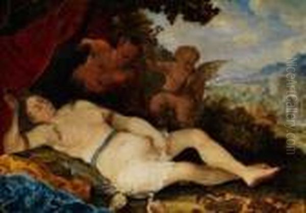 Schlafende Nymphe, Von Einem Satyr Beobachtet - view 1