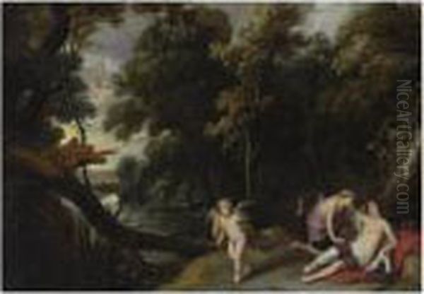 A Forest Landscape With Jupiter,
Disguised As Diana, Bending Overthe Reclining Callisto, An Eagle And
Cupid Nearby by Frans Wouters