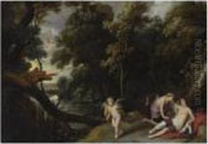 A Forest Landscape With Jupiter,
 Disguised As Diana, Bending Overthe Reclining Callisto, An Eagle And 
Cupid Nearby