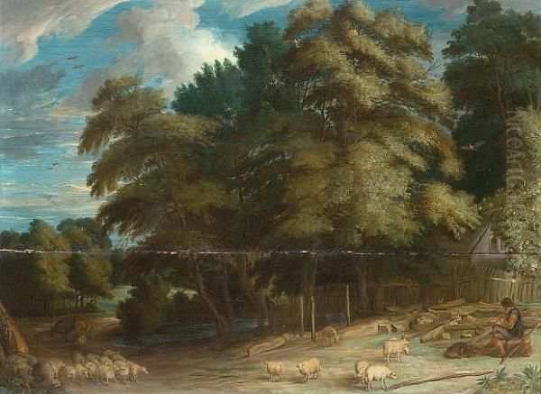 A Shepherd With His Flock In A Wooded Landscape - view 1