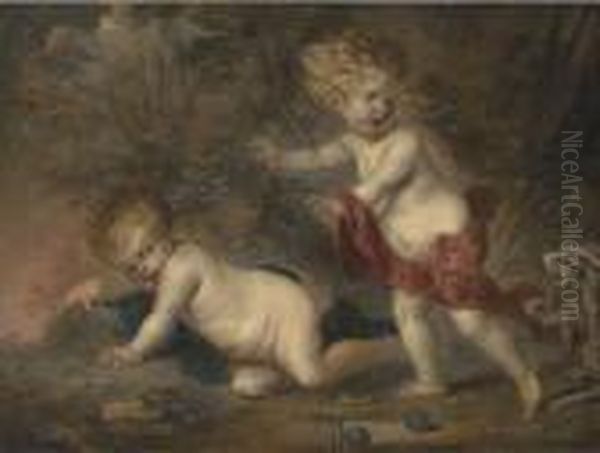 Putti Disporting In A Wooded Clearing, Surprised By Two Dogs - view 1