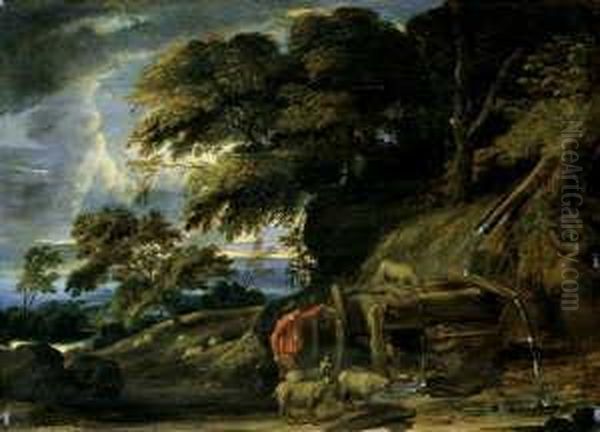 Landschaft Mit Einem Hirten, Der Sein Vieh An Einer Wasserstelle Trankt. - view 1