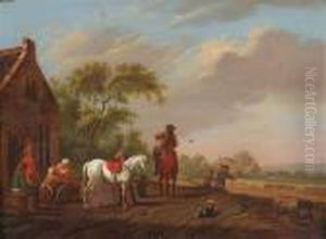 Horseman Departing A Country Cottage With Figures by Pieter Wouwermans or Wouwerman