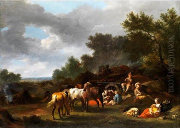 Pferdegruppe Vor Kanonen,
Kanonieren Und Landleuten Mit Kindern In Hugeliger Baumlandschaft - view 1