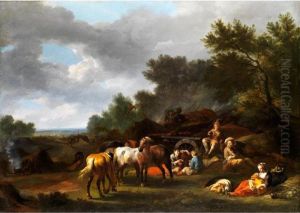 Pferdegruppe Vor Kanonen, 
Kanonieren Und Landleuten Mit Kindern In Hugeliger Baumlandschaft by Pieter Wouwermans or Wouwerman