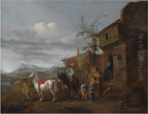 Two Horsemen Halting Outside An 
Inn, A Young Boy Playing With Adog, An Angler At A Lake In The Distance by Pieter Wouwermans or Wouwerman