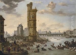 Horsemen Bathing Their Mounts At
 The Tour De Nesle With The Porte De Nesle And The Pont-neuf Beyond, 
Paris by Pieter Wouwermans or Wouwerman