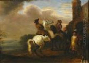 Riders In Front Of The Stables. Denoted With Stocknumber Bottom Right: 148 by Pieter Wouwermans or Wouwerman