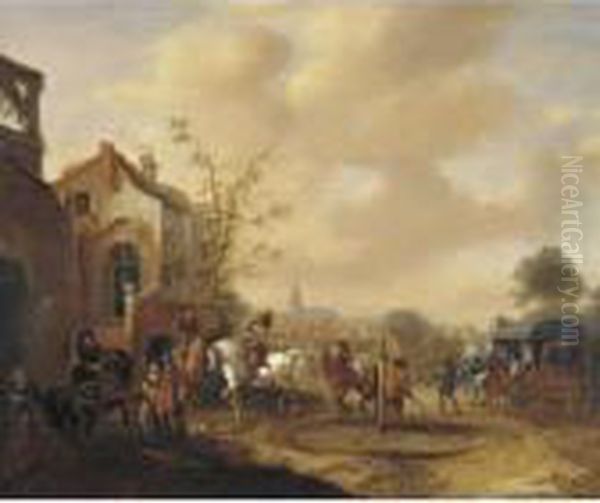 A Party Of Horsemen Arriving At A House With A Coach Passing By Towards A Town - view 1